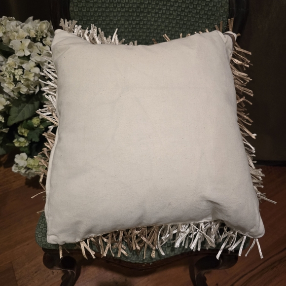 Elegant Fringe Decorative Down Pillow Ivory Taupe Metallic Thread Cloud 9 Design